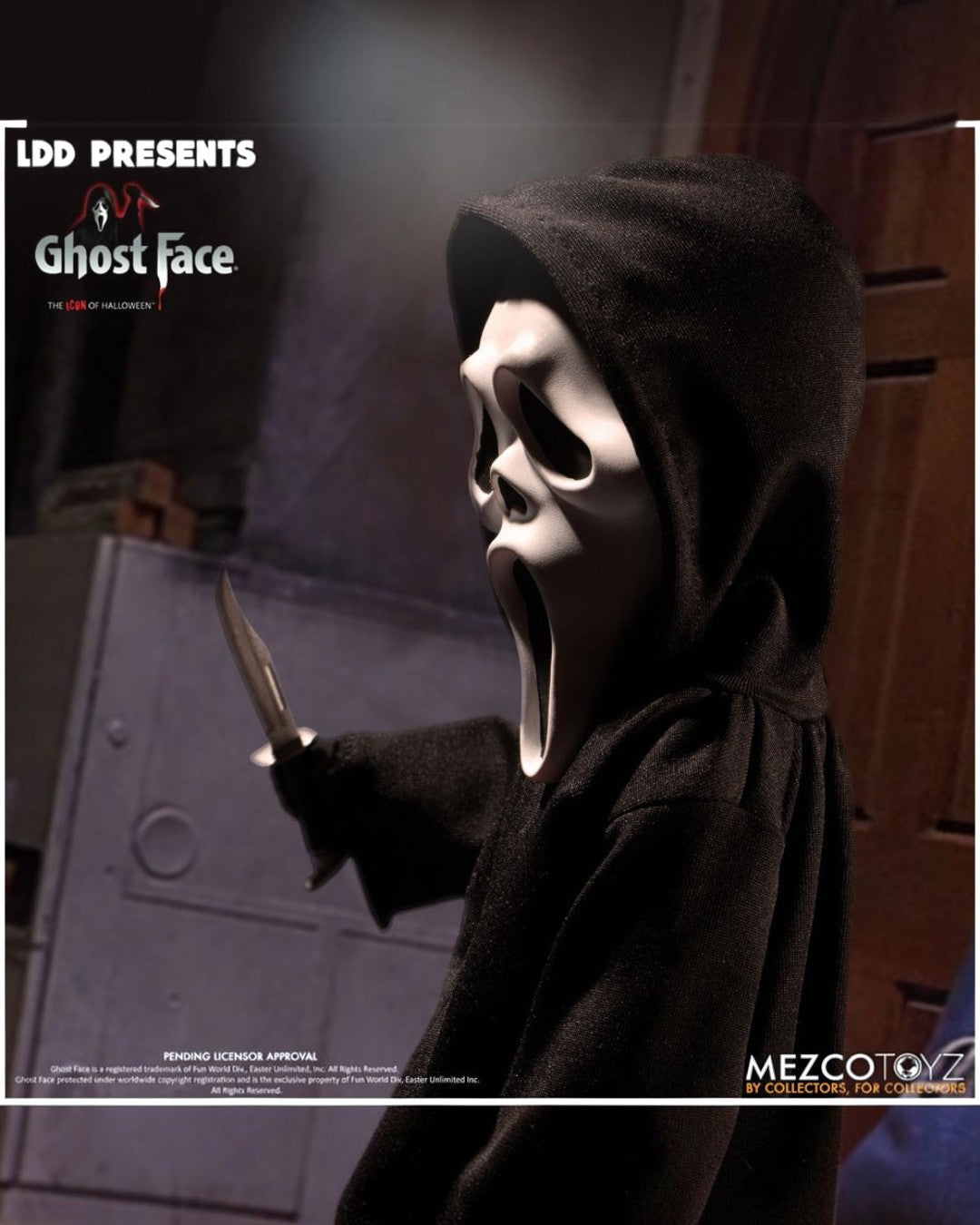 VaultifyUK Mezco Living Dead Dolls Ghostface figure wearing a black hooded robe and iconic mask holding a knife