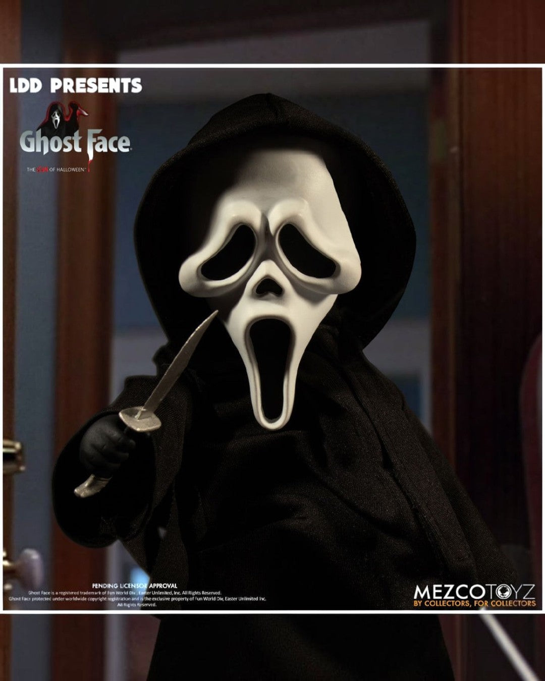 VaultifyUK Mezco Living Dead Dolls Ghostface figure from Scream wearing a black hooded robe and holding a knife