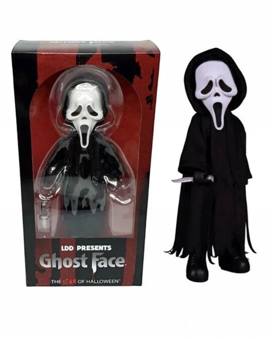VaultifyUK Mezco Living Dead Dolls Ghostface figure from Scream with black hooded robe and knife accessory in box