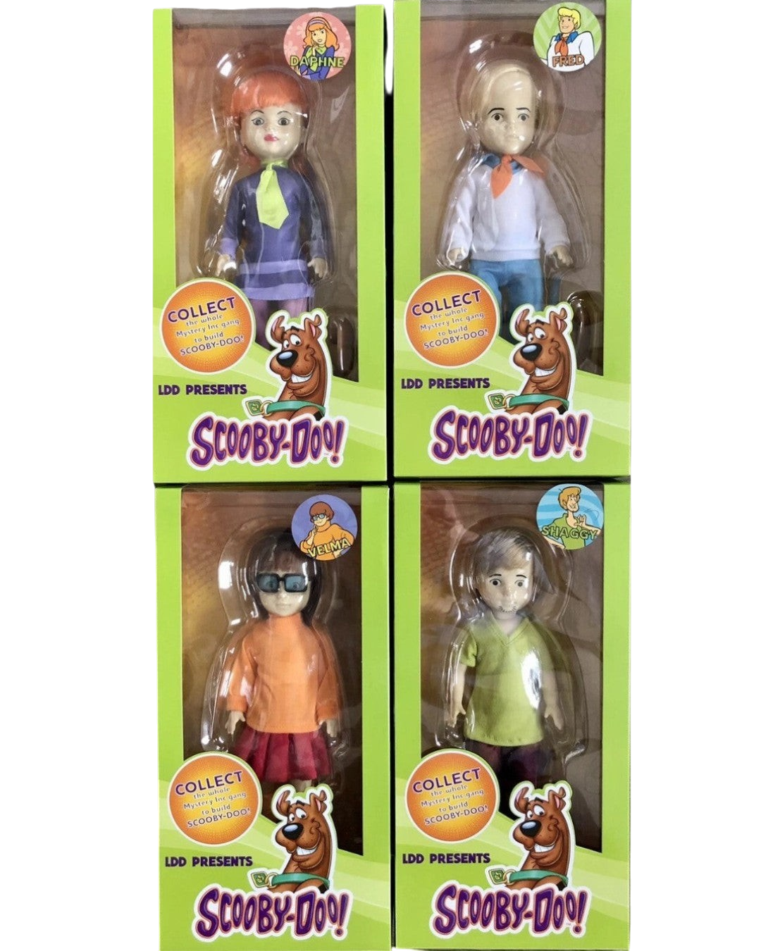 VaultifyUK Mezco Living Dead Dolls Scooby-Doo collector set featuring Daphne, Fred, Velma, and Shaggy in display boxes