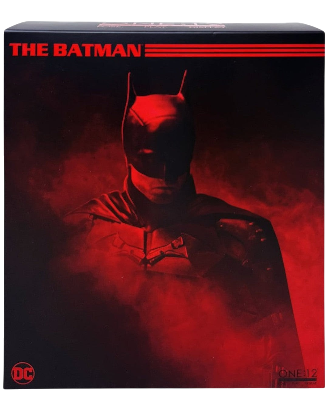 VaultifyUK Mezco One:12 Collective The Batman action figure collector box with dark red cinematic lighting