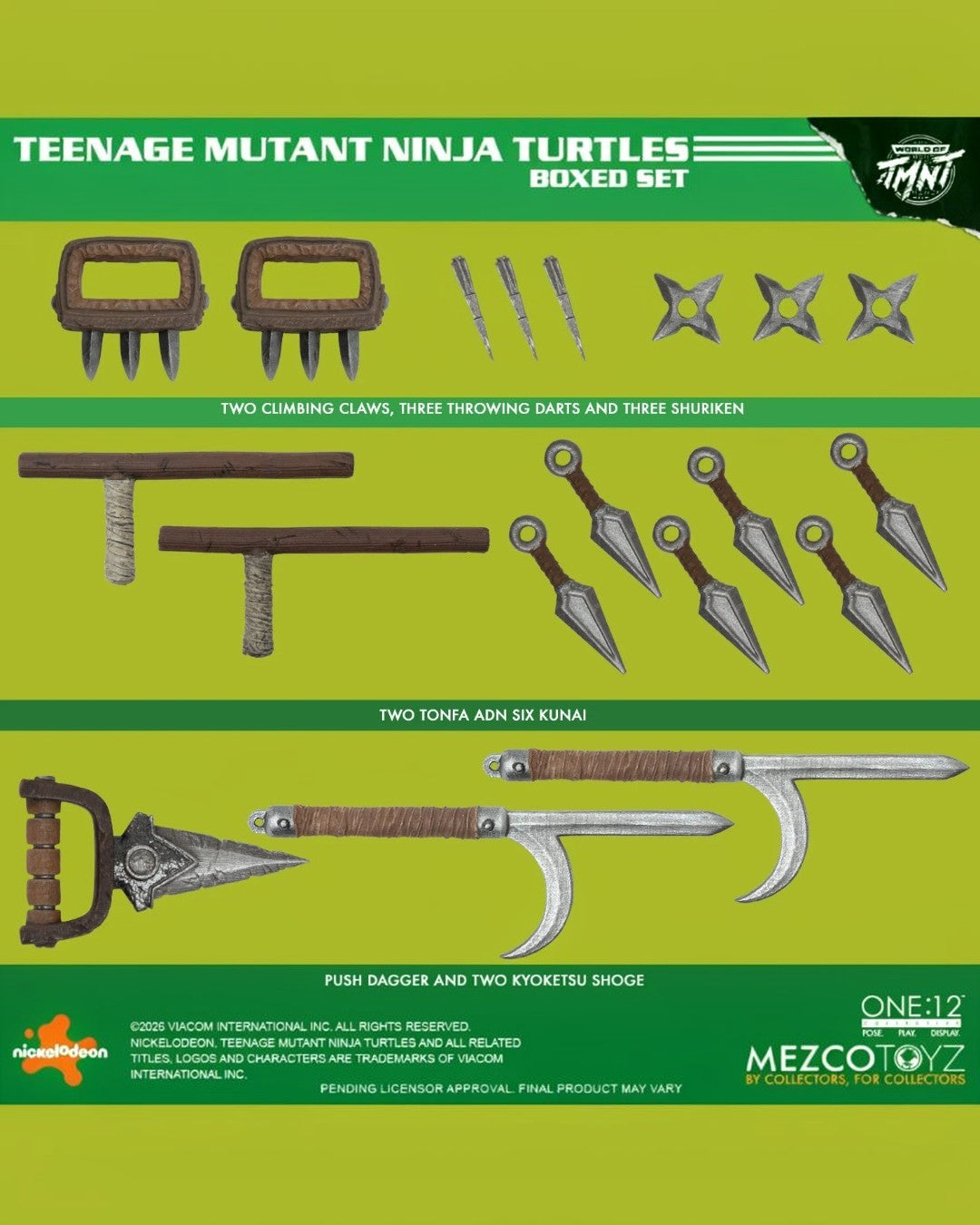VaultifyUK Mezco One:12 Collective TMNT comic variant accessory set including weapons like kunai, tonfa, and climbing claws