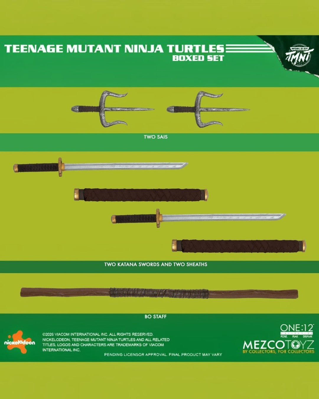 VaultifyUK Mezco One:12 Collective TMNT comic variant set featuring detailed replica sai, katana swords, and bo staff