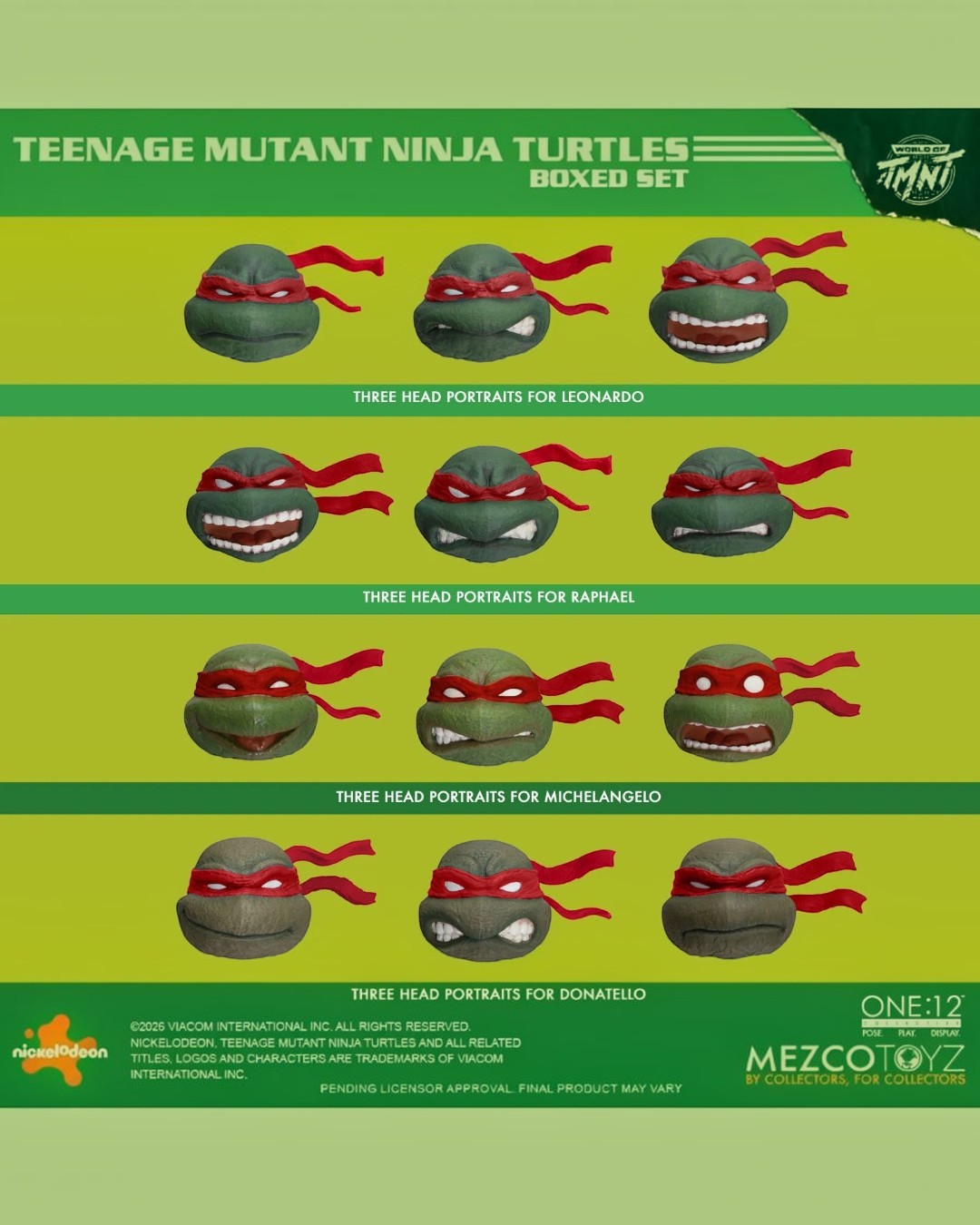 VaultifyUK Mezco One:12 Collective TMNT comic variant set featuring twelve interchangeable turtle head portraits