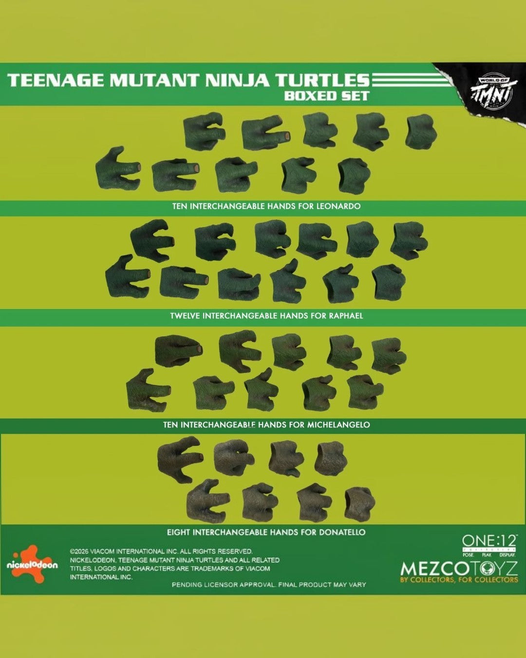 VaultifyUK Mezco One:12 Collective TMNT comic variant set featuring 40 interchangeable green turtle hand accessories.