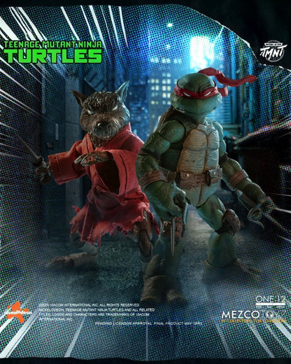 VaultifyUK Mezco One:12 Collective TMNT action figures featuring Raphael and Master Splinter in comic-inspired gear.