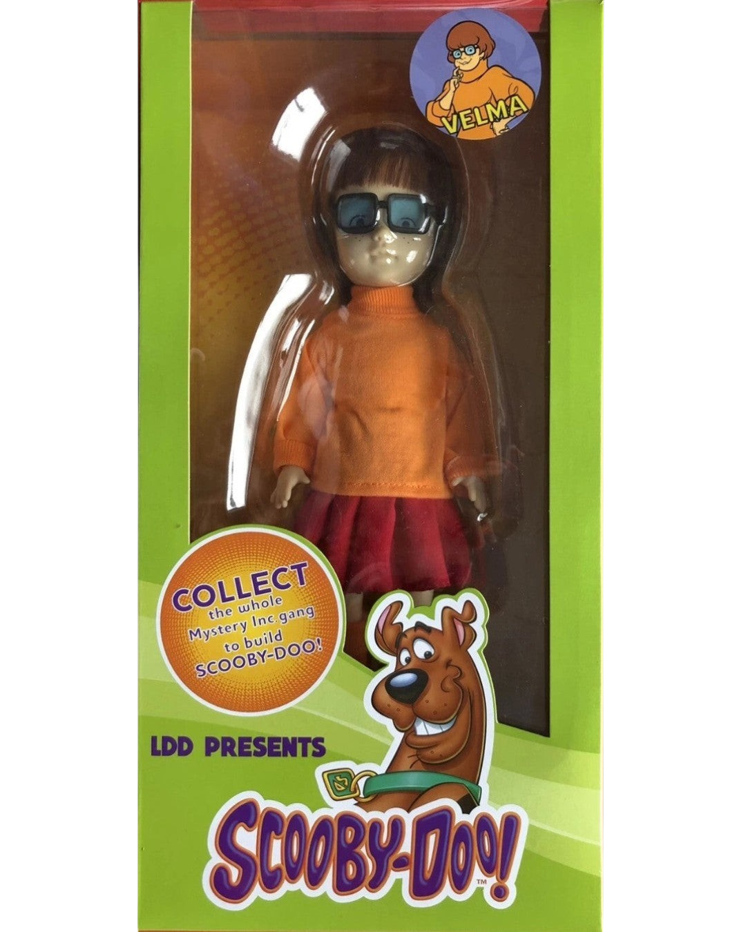 VaultifyUK Mezco Living Dead Dolls Velma figure in orange sweater and red skirt inside Scooby-Doo window display box
