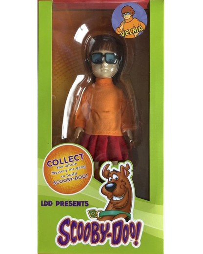 VaultifyUK Mezco Living Dead Dolls Velma figure in orange sweater and red skirt inside Scooby-Doo window display box