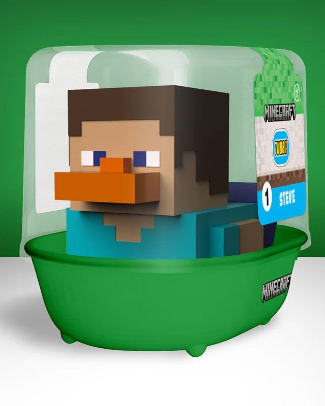 VaultifyUK Minecraft Steve Tubbz First Edition collectable duck figure in a branded green bathtub display box.