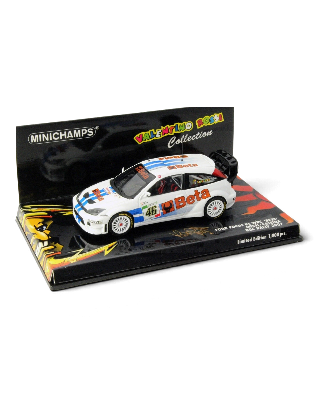 VaultifyUK Minichamps 1:43 scale Ford Focus RS WRC model car in white with blue stripes and Valentino Rossi #46 livery.