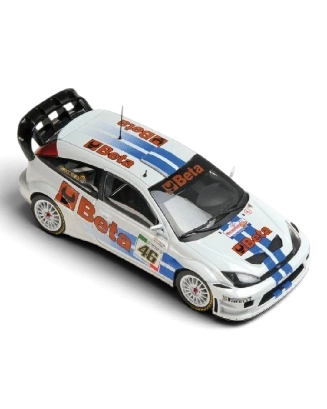 VaultifyUK Minichamps 1:43 scale Ford Focus RS WRC model car in white with blue stripes and Valentino Rossi #46 livery.