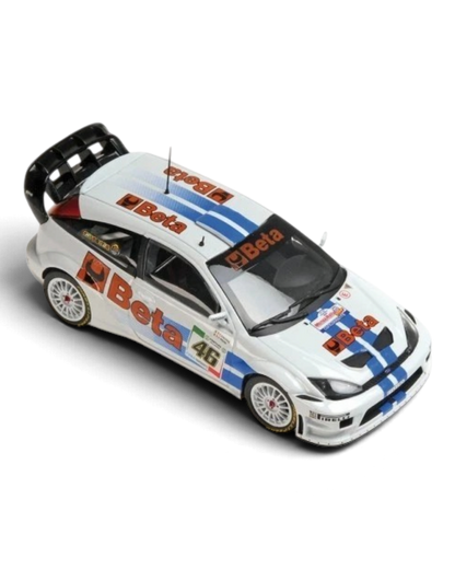 VaultifyUK Minichamps 1:43 scale Ford Focus RS WRC model car in white with blue stripes and Valentino Rossi #46 livery.