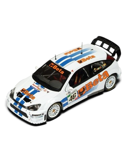 VaultifyUK Minichamps 1:43 scale Ford Focus RS WRC #46 rally car in white with blue stripes and Beta racing livery.