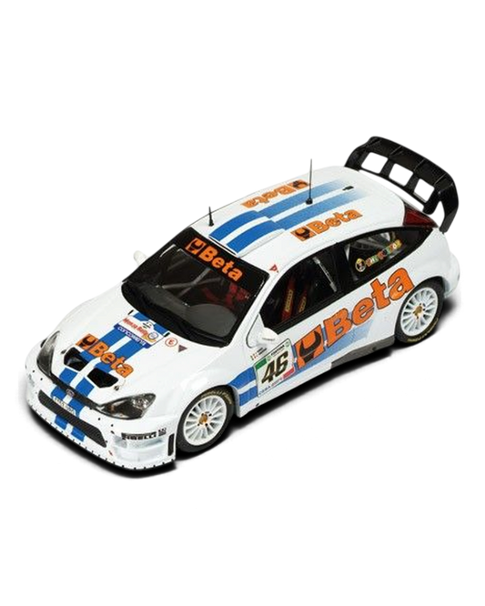 VaultifyUK Minichamps 1:43 scale Ford Focus RS WRC #46 rally car in white with blue stripes and Beta racing livery.