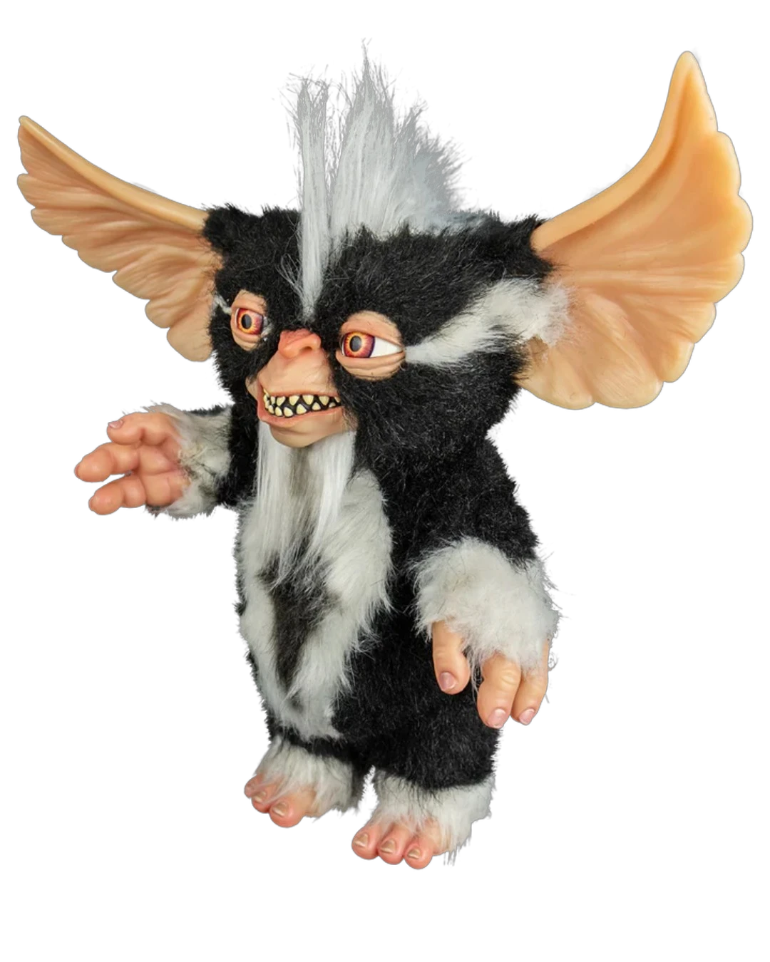 VaultifyUK 1:1 scale Mohawk Mogwai prop from Gremlins 2 with black and white faux fur, large ears, and sharp teeth.