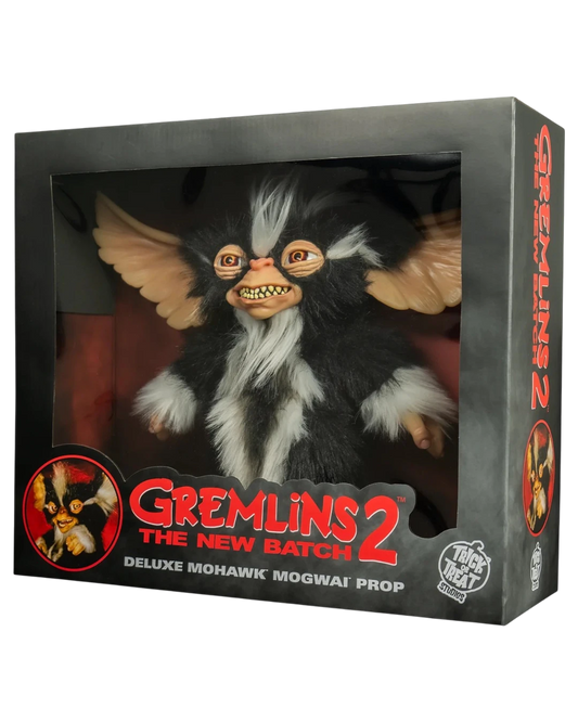 VaultifyUK 1:1 scale Mohawk Mogwai prop from Gremlins 2 in a branded window display box with faux fur and sculpted face