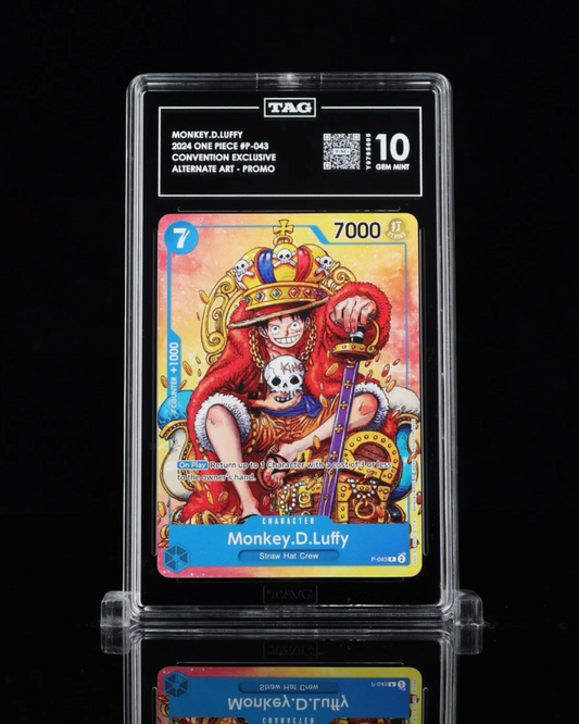 VaultifyUK 2024 One Piece Monkey D. Luffy P-043 Convention Exclusive promo card graded TAG 10 Gem Mint in a slab.