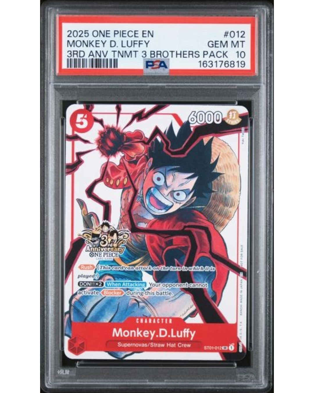 VaultifyUK PSA 10 Gem Mint Monkey D. Luffy 3rd Anniversary 3 Brothers promo card from the One Piece Card Game.