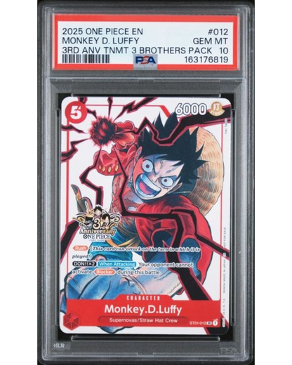 VaultifyUK PSA 10 Gem Mint Monkey D. Luffy 3rd Anniversary 3 Brothers promo card from the One Piece Card Game.