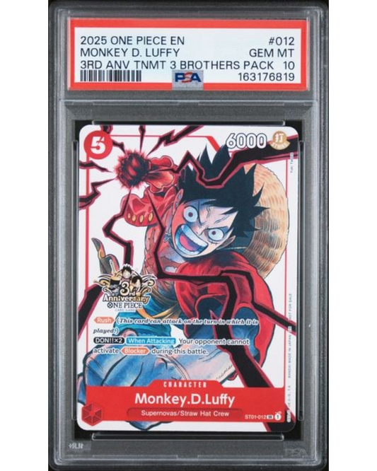 VaultifyUK PSA 10 Gem Mint Monkey D. Luffy 3rd Anniversary 3 Brothers promo card from the One Piece Card Game.