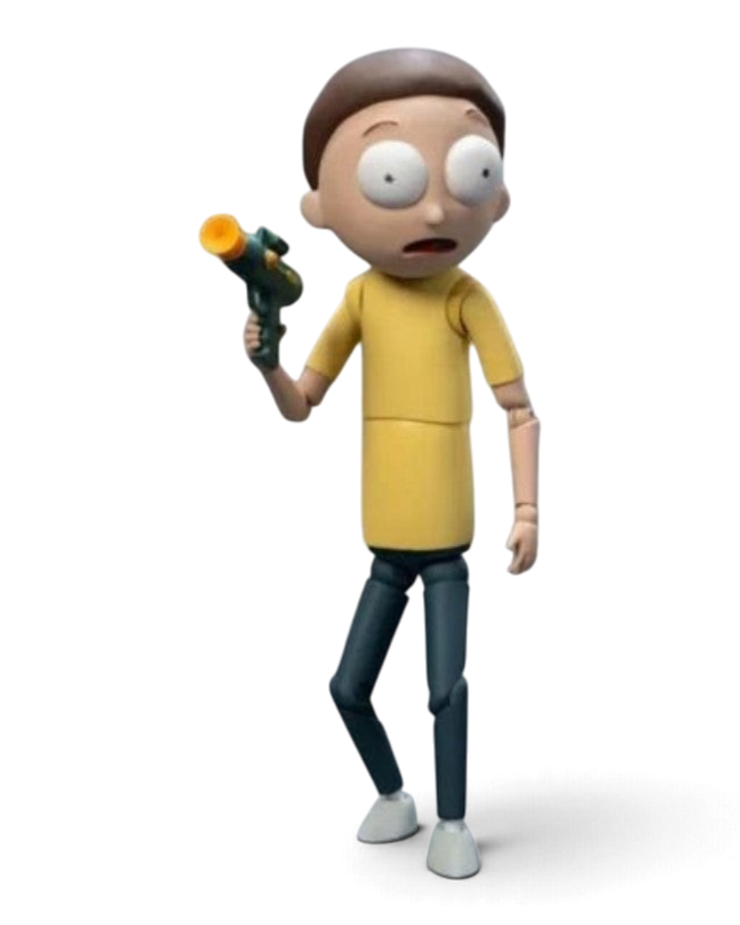 VaultifyUK 1/12 scale Morty Smith action figure in yellow t-shirt and blue jeans holding a laser gun.