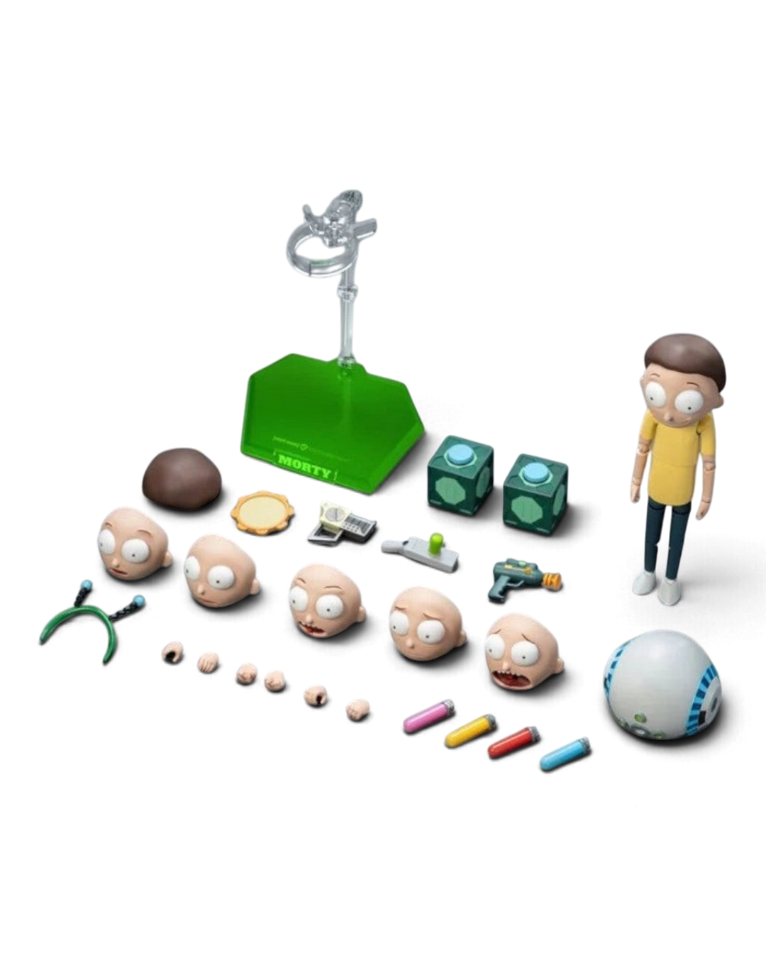 VaultifyUK FondJoy Morty Smith 1/12 scale action figure with interchangeable faces, accessories, and green display base.
