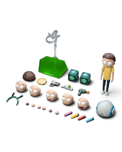 VaultifyUK FondJoy Morty Smith 1/12 scale action figure with interchangeable faces, accessories, and green display base.