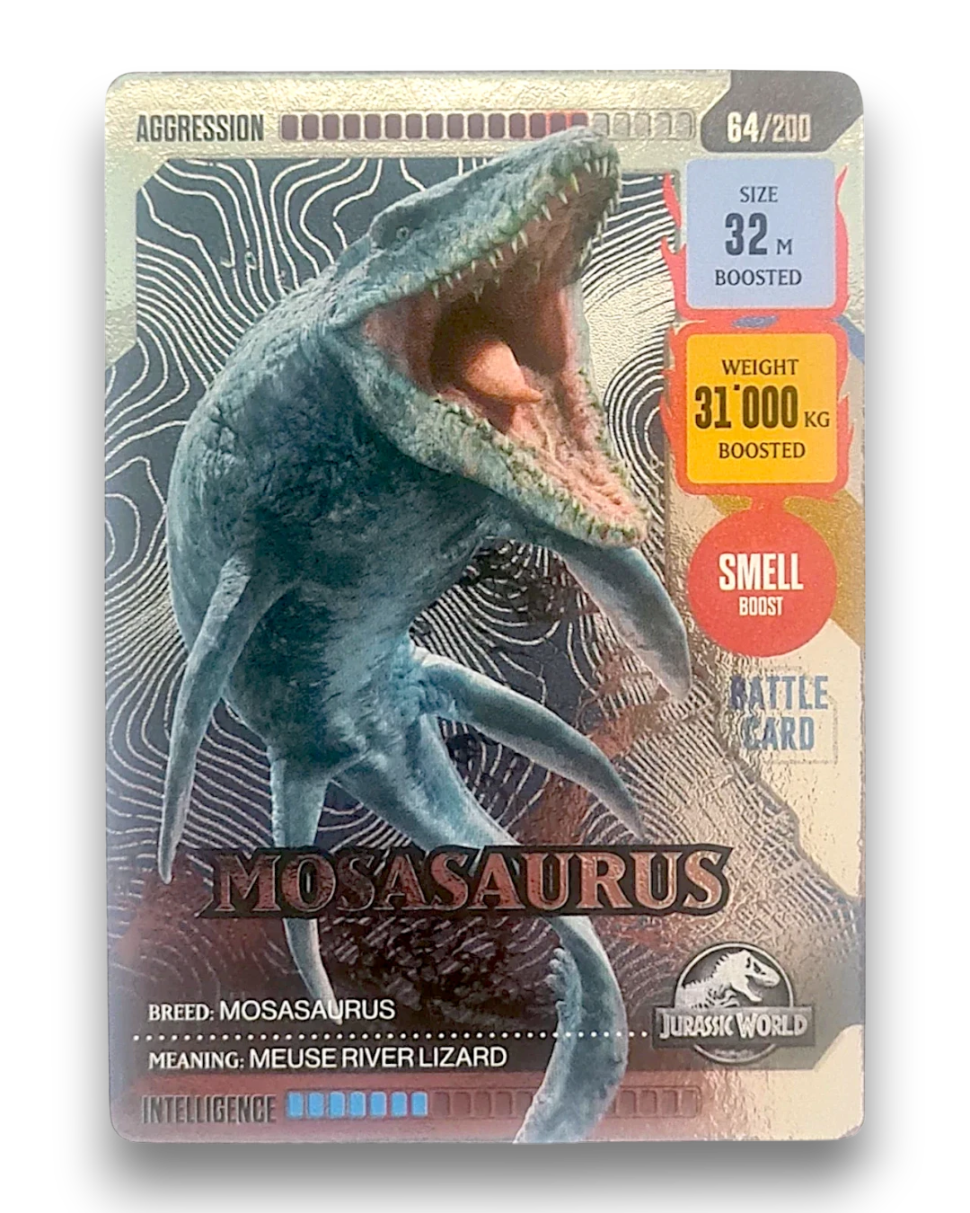 VaultifyUK Panini Jurassic World ROAR! Mosasaurus silver trading card featuring a roaring marine reptile