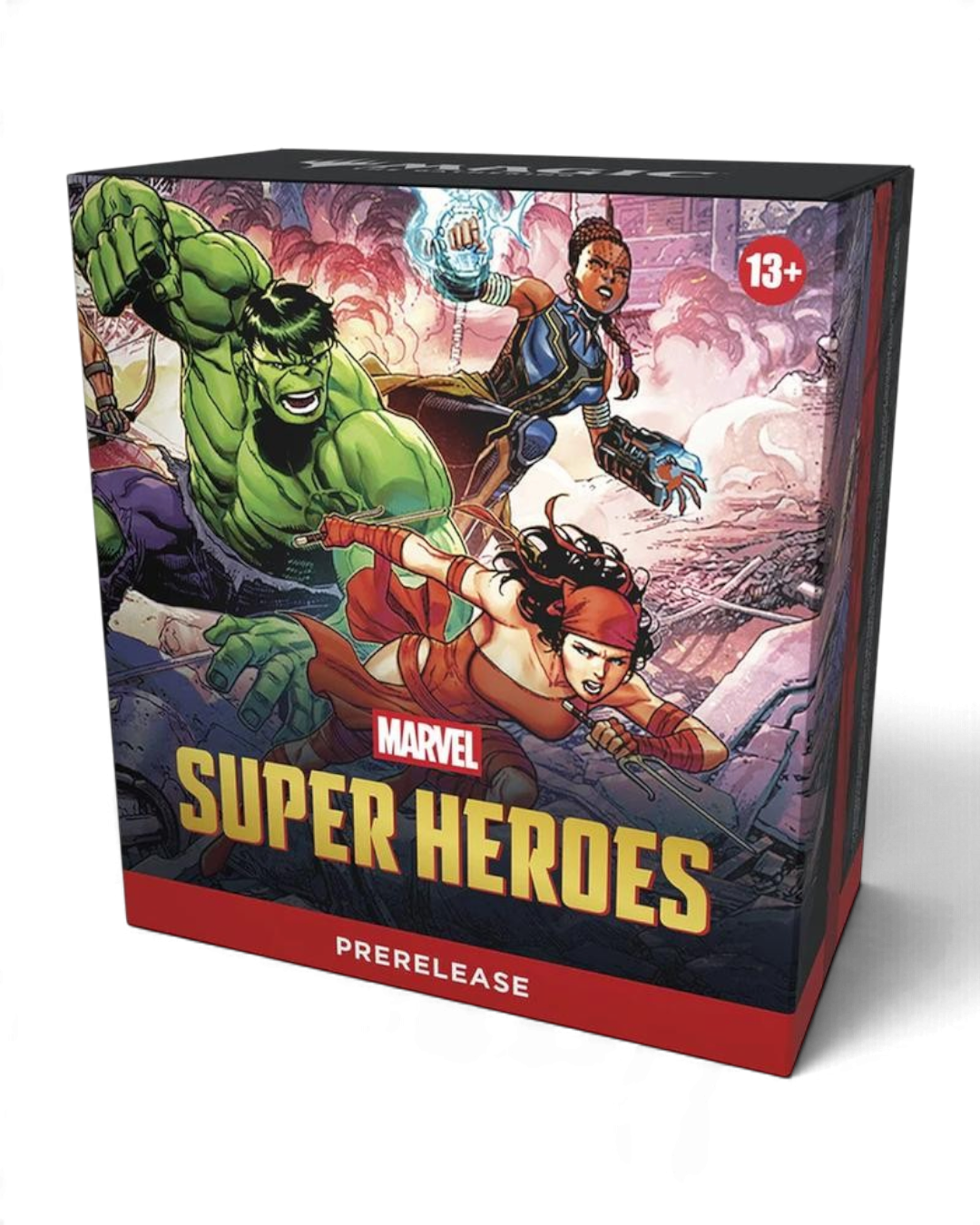 Magic: The Gathering Marvel Super Heroes Prerelease Pack box featuring Hulk, Elektra, and Shuri artwork.