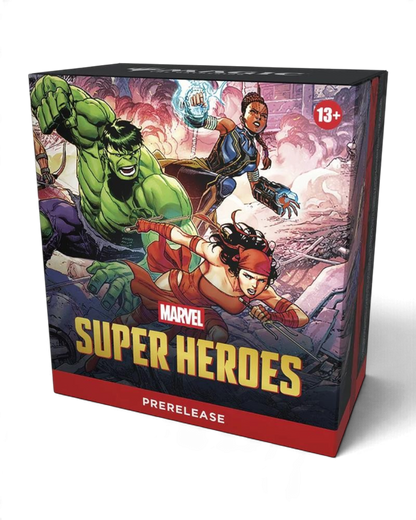 Magic: The Gathering Marvel Super Heroes Prerelease Pack box featuring Hulk, Elektra, and Shuri artwork.