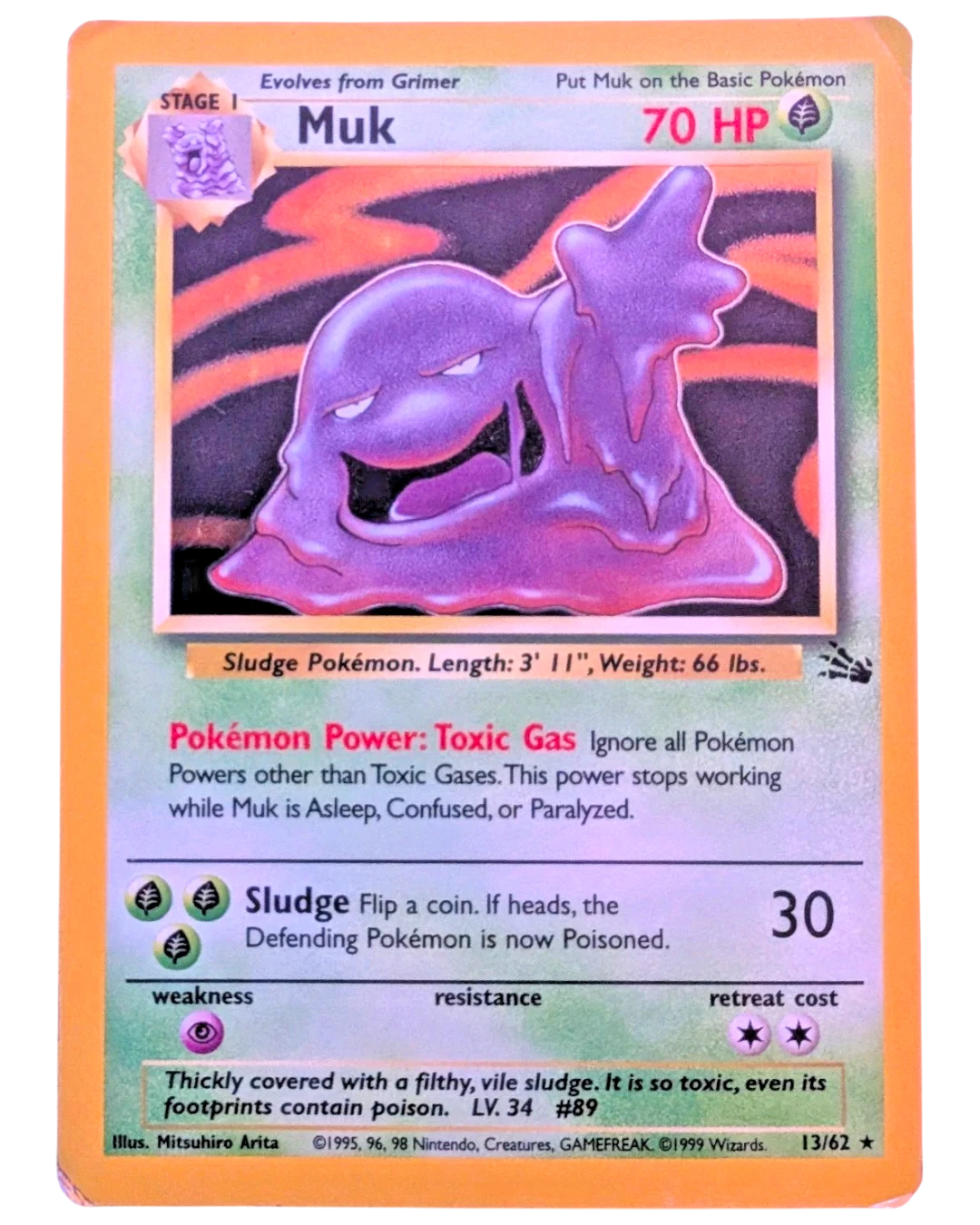 VaultifyUK Muk 13/62 Holo Rare Fossil Unlimited Pokémon card in moderately played condition