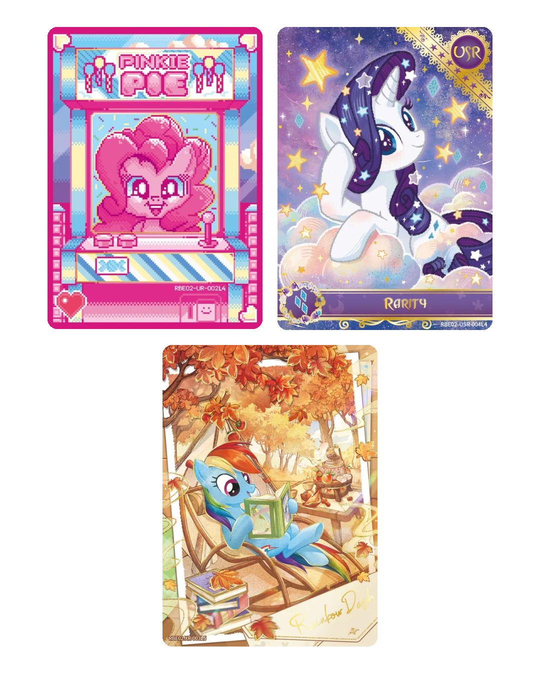 My Little Pony Rainbow Edition Series 2 example chase cards: Pinkie Pie UR, Rarity USR and Rainbow Dash XR (illustrative, not guaranteed)
