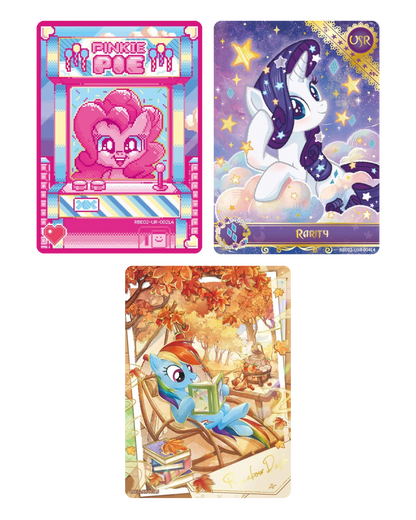 My Little Pony Rainbow Edition Series 2 example chase cards: Pinkie Pie UR, Rarity USR and Rainbow Dash XR (illustrative, not guaranteed)