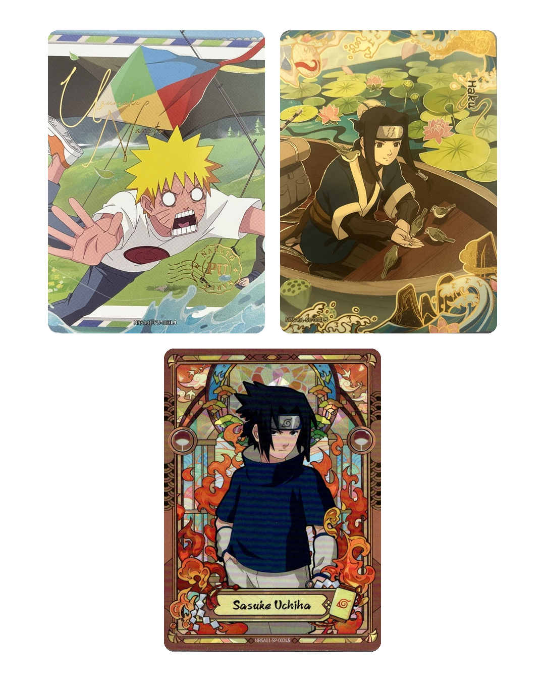 Naruto Heaven Scroll Series 1 example chase cards: Naruto Uzumaki PU, Haku SE and Sasuke Uchiha SP (illustrative, not guaranteed)