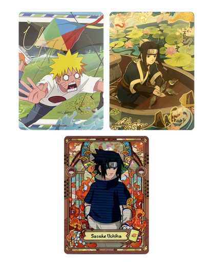 Naruto Heaven Scroll Series 1 example chase cards: Naruto Uzumaki PU, Haku SE and Sasuke Uchiha SP (illustrative, not guaranteed)