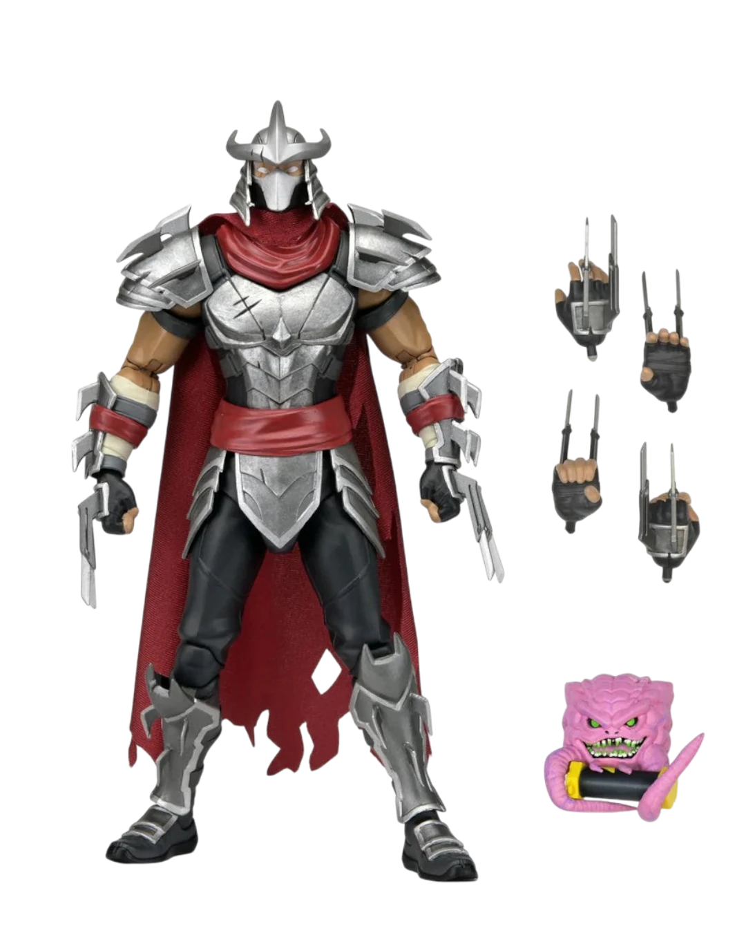 VaultifyUK NECA Fortnite Shredder action figure with silver armour, red cape, interchangeable hands, and Krang accessory.