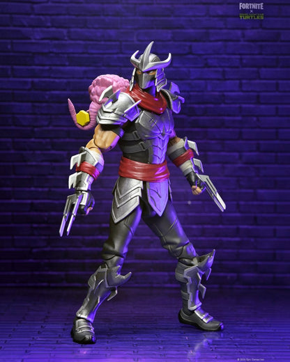 VaultifyUK NECA Fortnite Shredder action figure with silver armour, red sash, and magnetic Krang back bling.