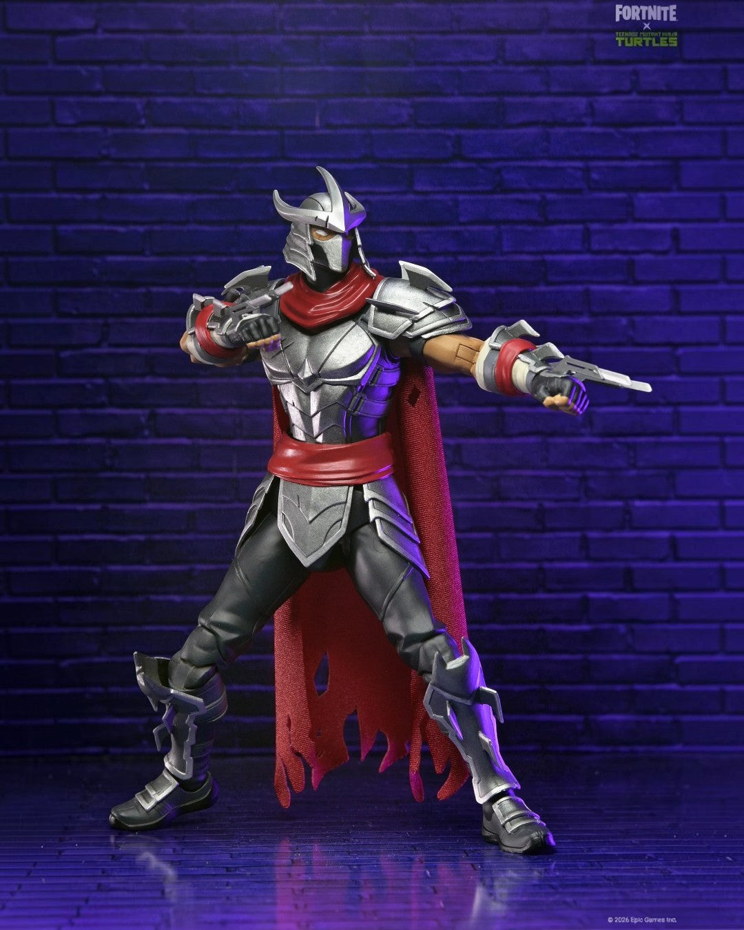 VaultifyUK NECA Fortnite x Teenage Mutant Ninja Turtles Shredder 7-inch action figure with silver armor and red cape