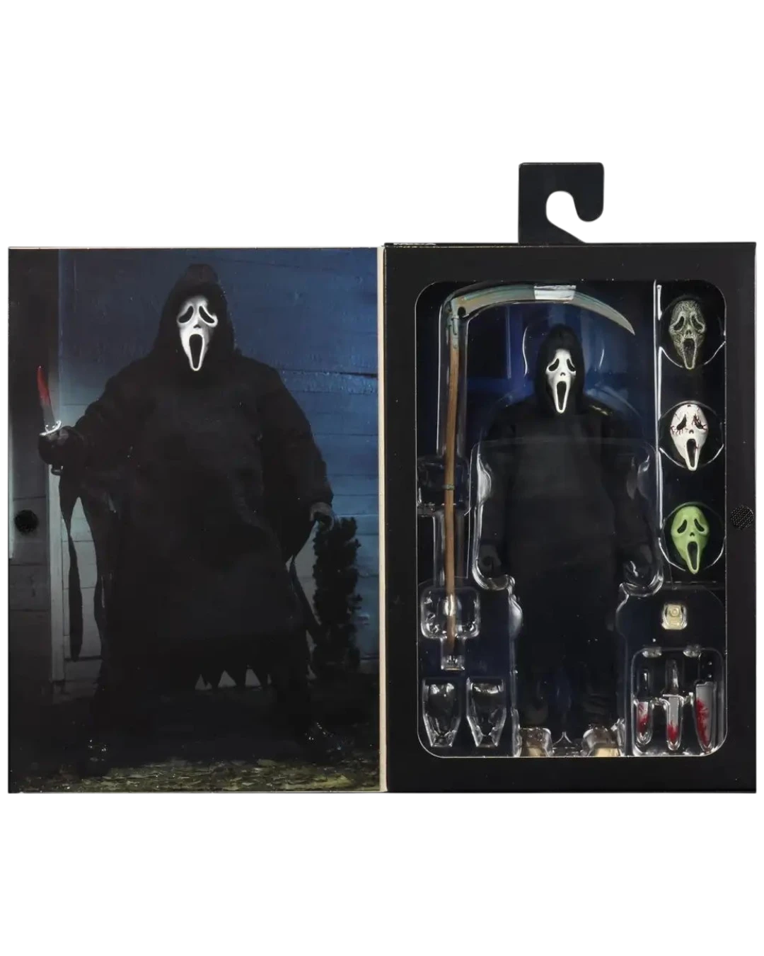 VaultifyUK NECA Ultimate Ghost Face 7-inch action figure in window box with interchangeable masks and weapon accessories