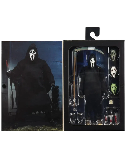VaultifyUK NECA Ultimate Ghost Face 7-inch action figure in window box with interchangeable masks and weapon accessories