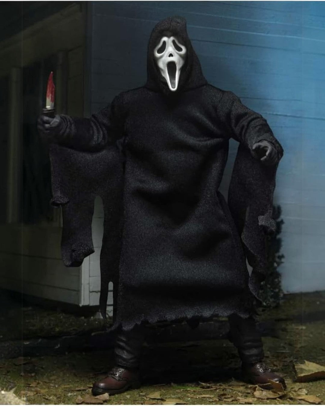 VaultifyUK NECA Ultimate Ghost Face action figure wearing a black fabric robe and holding a bloody knife