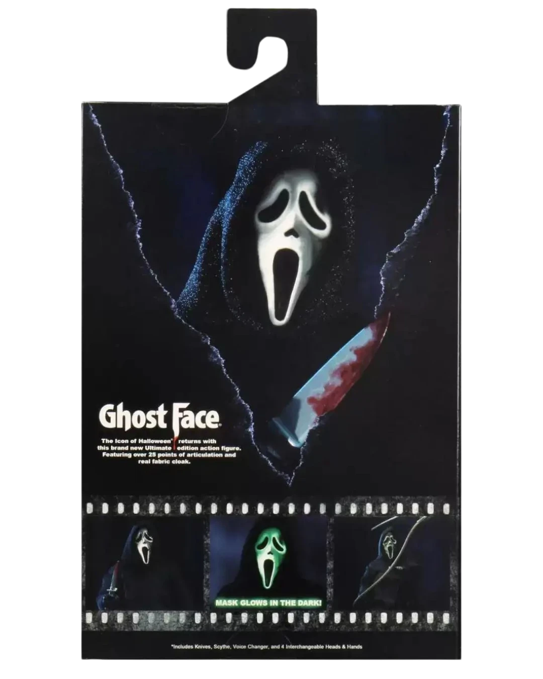 VaultifyUK NECA Scream Ghost Face action figure packaging featuring iconic mask and bloody knife graphic