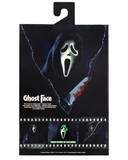 VaultifyUK NECA Scream Ghost Face action figure packaging featuring iconic mask and bloody knife graphic