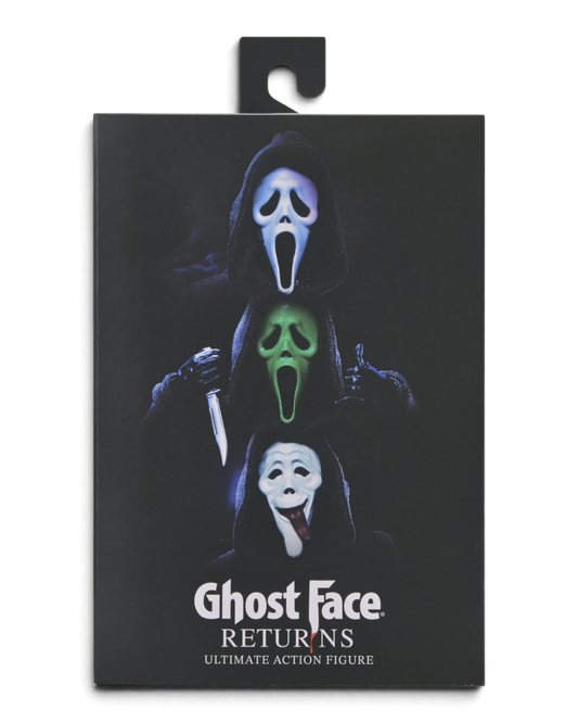 VaultifyUK NECA Scream Ghost Face Returns action figure packaging featuring three iconic masked killer variations