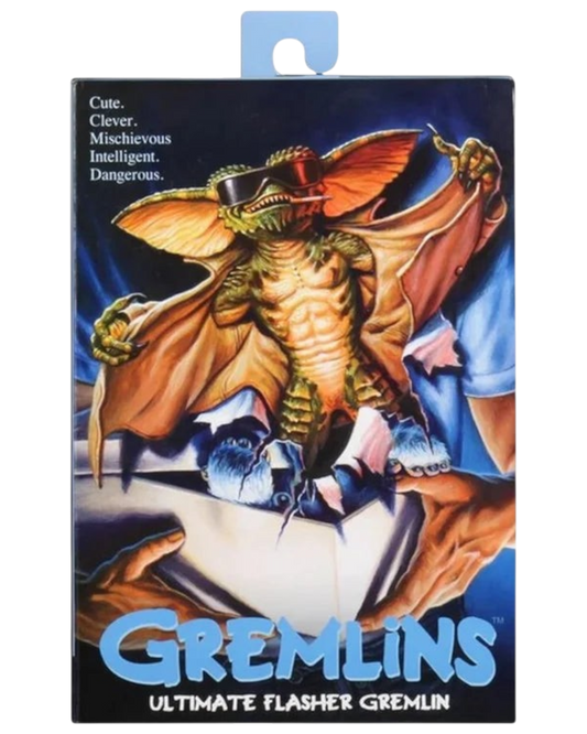 VaultifyUK NECA Gremlins Flasher action figure packaging featuring Jason Edmiston artwork of the trench-coated gremlin.