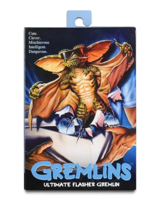VaultifyUK NECA Gremlins Flasher action figure packaging featuring Jason Edmiston artwork of the trench-coated gremlin.