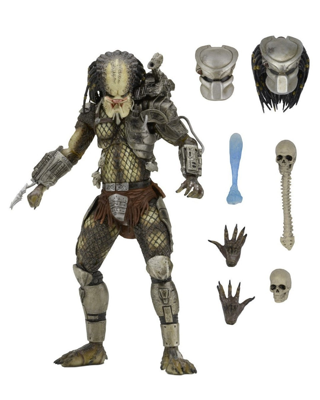 VaultifyUK NECA Jungle Hunter Predator 7-inch action figure with interchangeable heads, skulls, and weapon accessories.