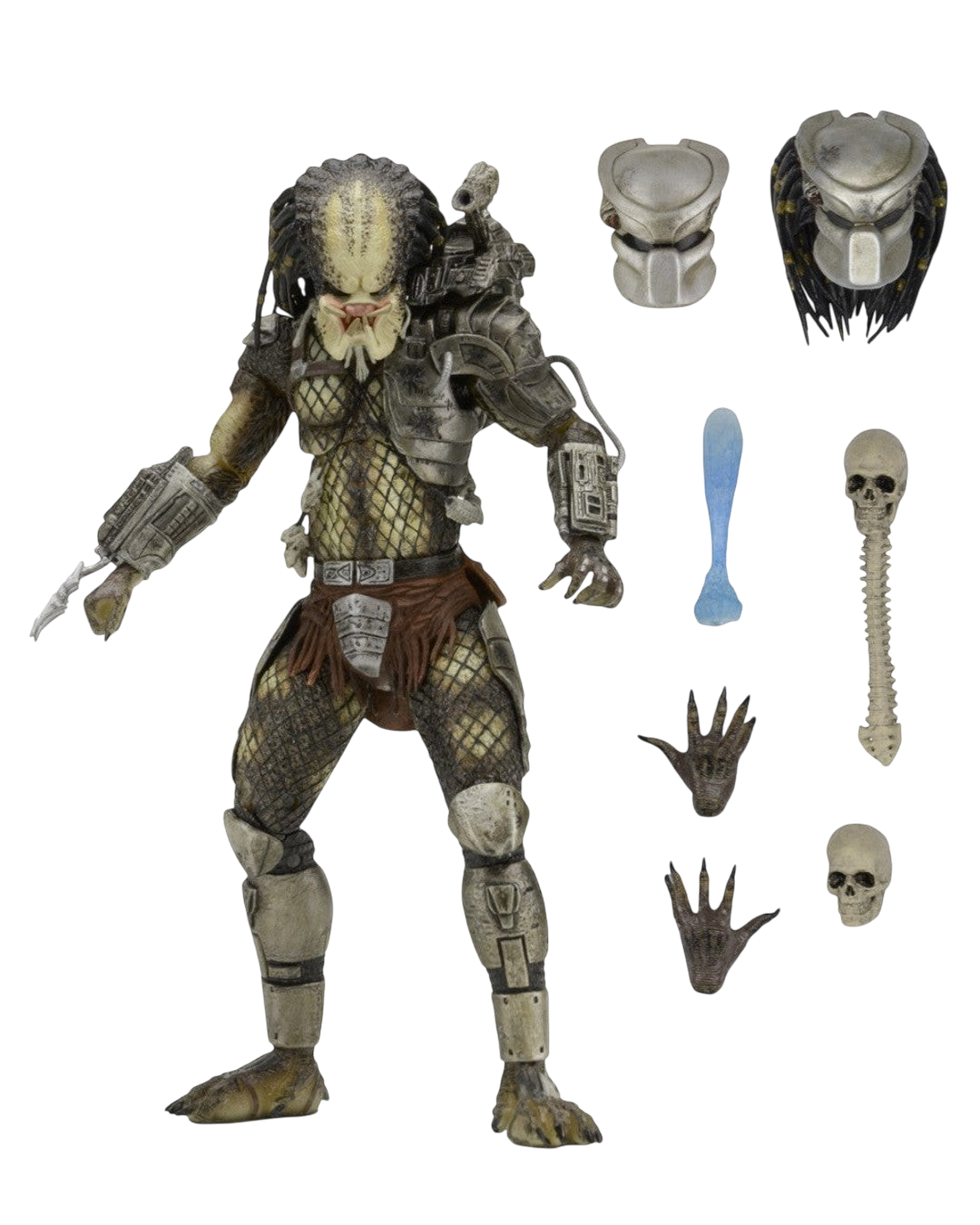 VaultifyUK NECA Predator Jungle Hunter 7-inch action figure with interchangeable heads, skulls, and weapon accessories.