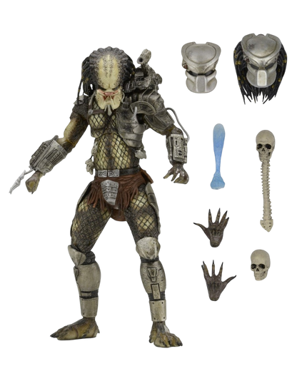 VaultifyUK NECA Predator Jungle Hunter 7-inch action figure with interchangeable heads, skulls, and weapon accessories.