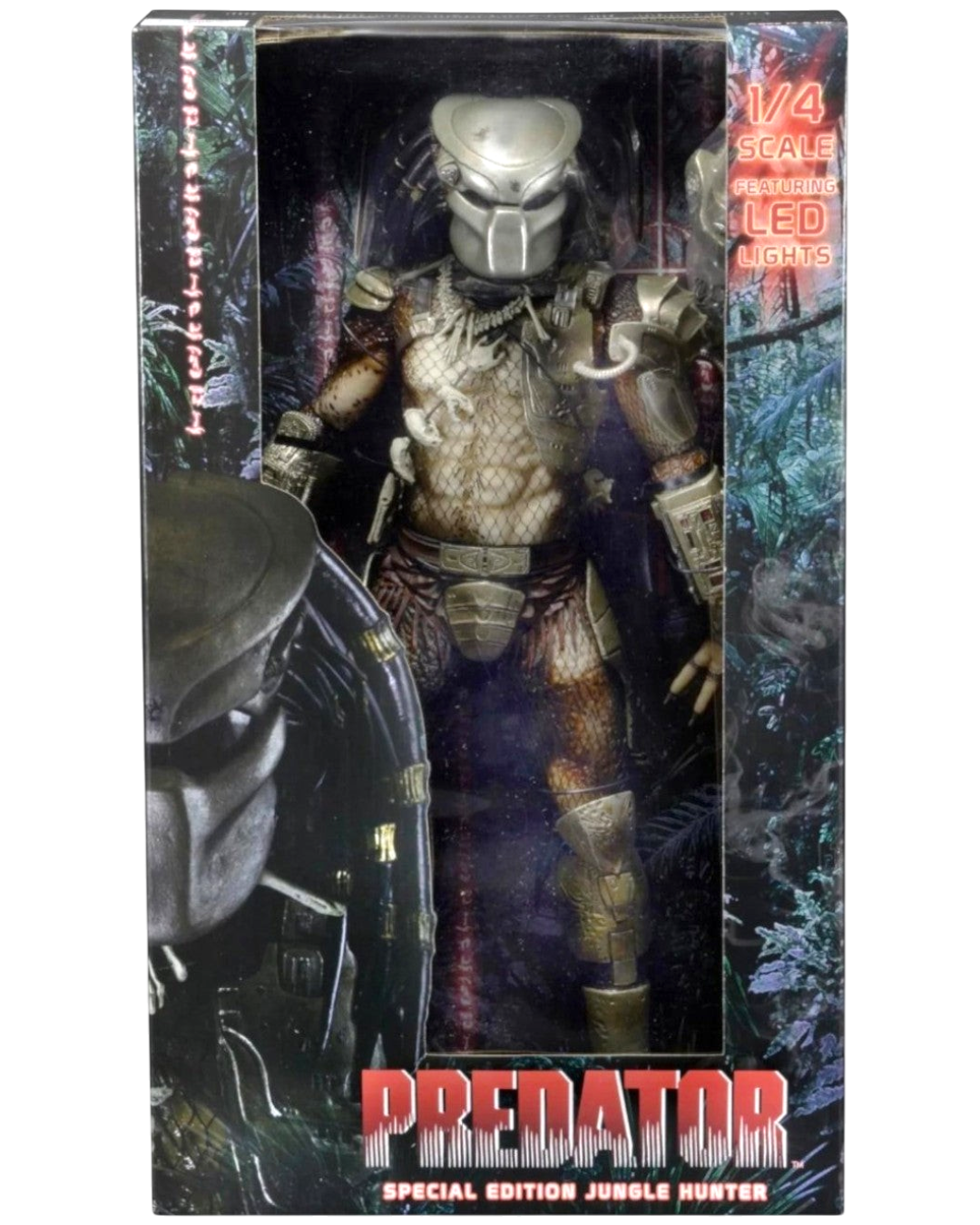 VaultifyUK NECA Predator Jungle Hunter 1/4 scale collectible figure in window box packaging with LED light-up feature
